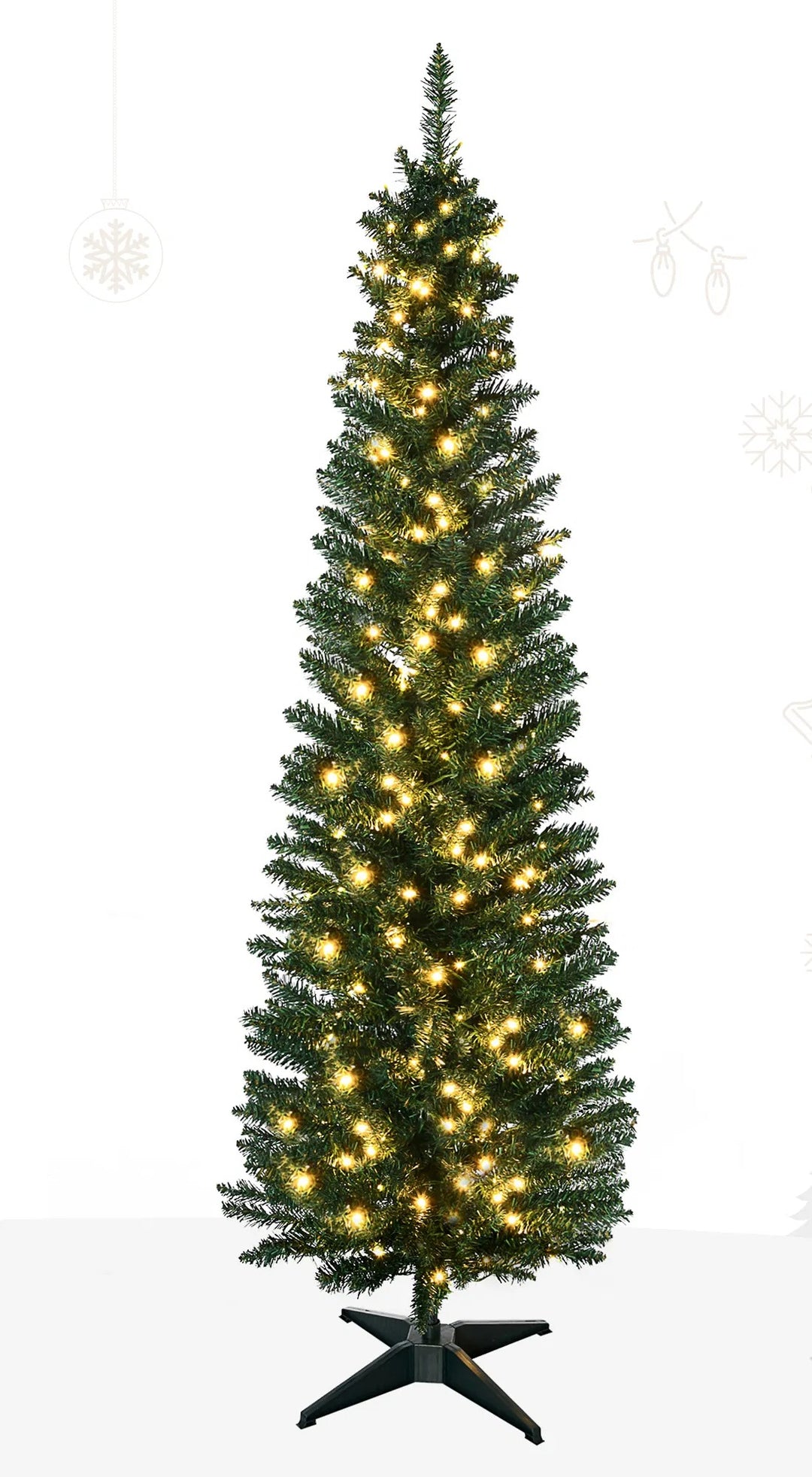 Slim pre-lit green pencil Christmas tree glowing