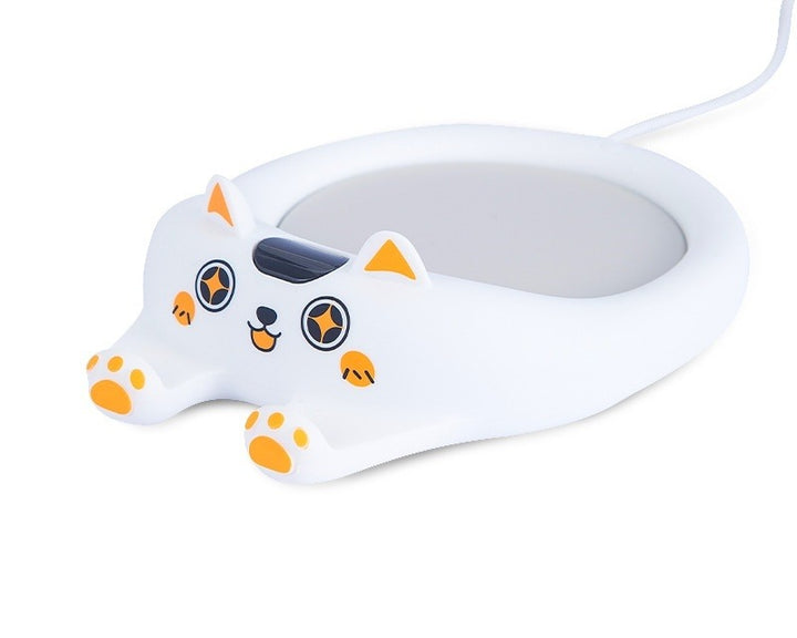 Cat shaped mug warmer with coffee