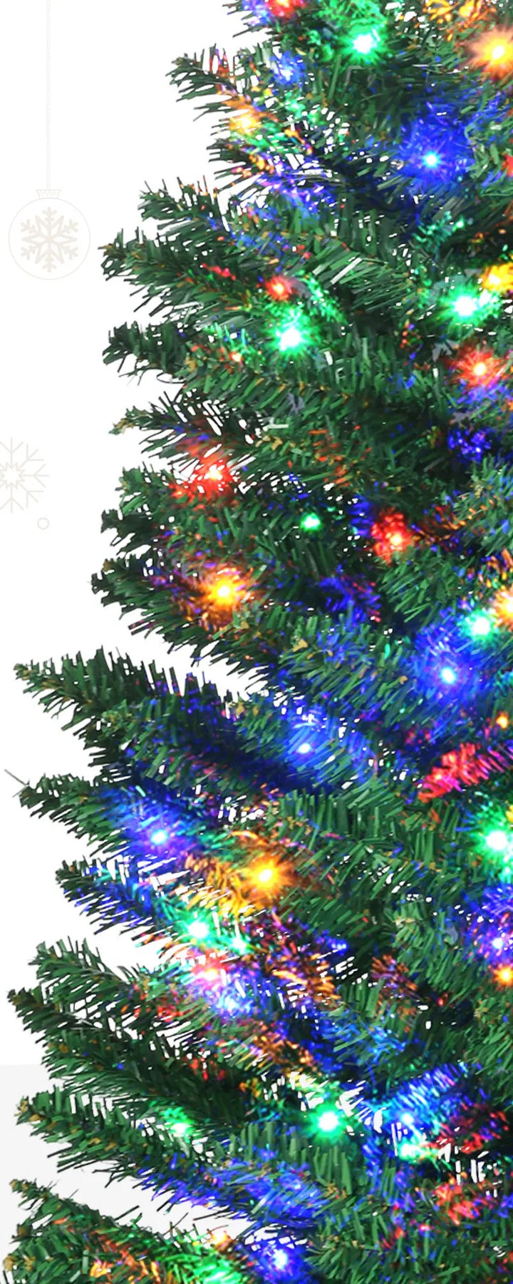 Green slim Christmas tree with multicolor lights
