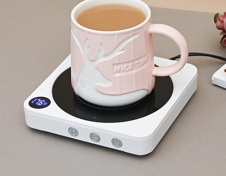 Wood grain mug warmer with coffee cup