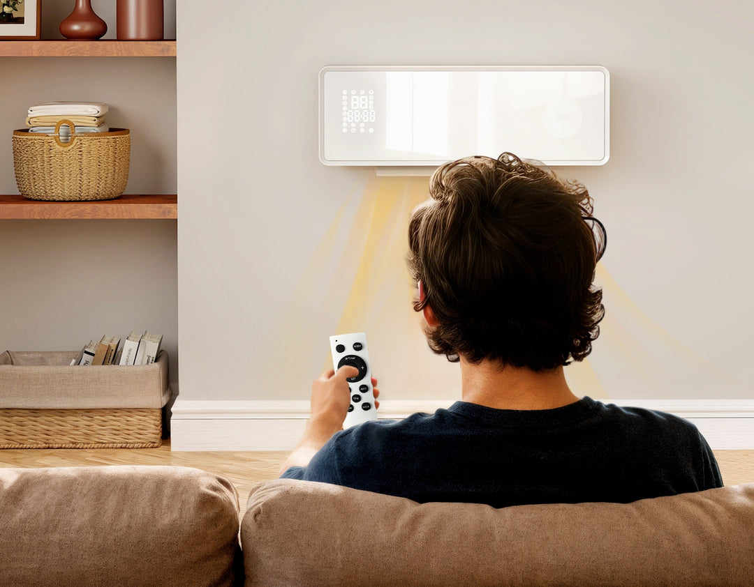 White glass-fronted wall heater with remote control