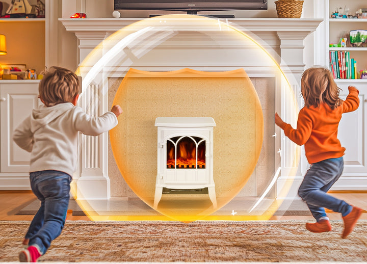 White log burner style electric fireplace with flames