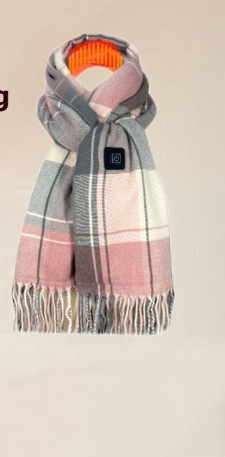 Woman wearing heated plaid scarf