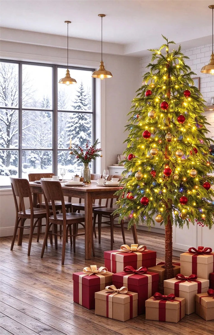 Slim cypress Christmas tree with color lights