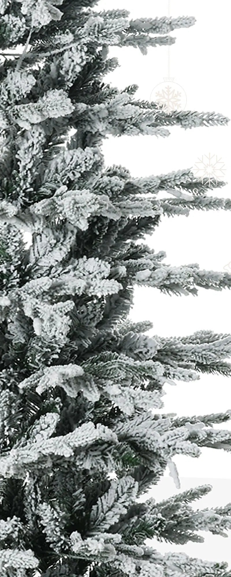 Tall snow flocked Christmas tree with lights