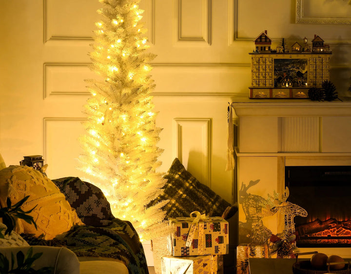 White pre-lit pencil Christmas tree with warm lights