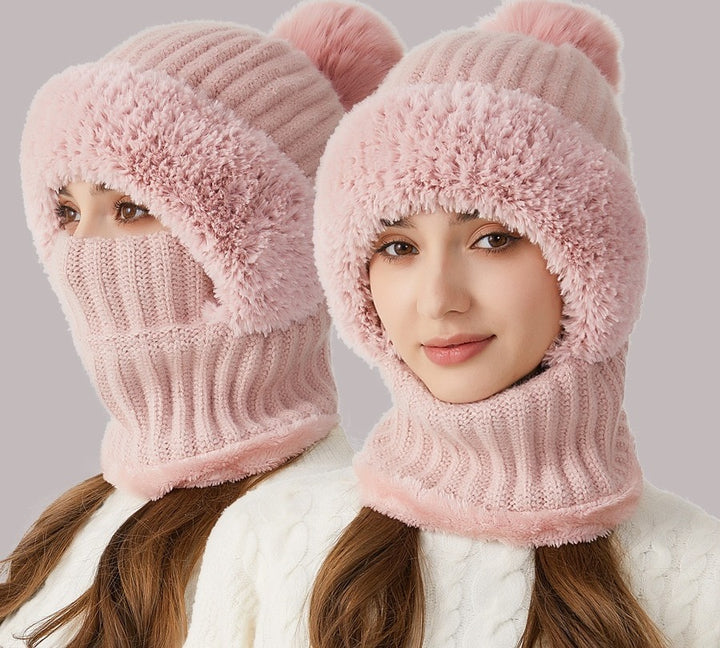 Woman wearing knit hood with scarf