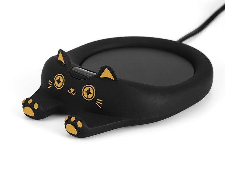 Cat shaped mug warmer with coffee