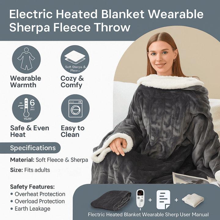 Wearable Electric Heated Blanket | Sherpa Hoodie Throw