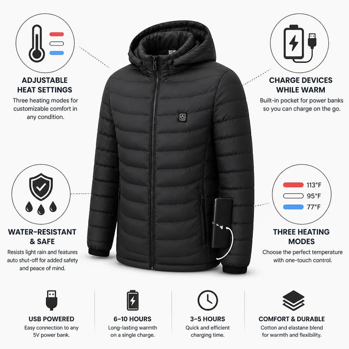 Heated Jacket USB-Powered Power Bank Pocket Water-Resistant