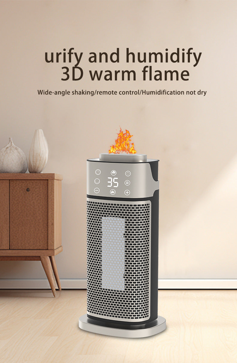 Silver tower fan heater with glowing flame-effect humidifier