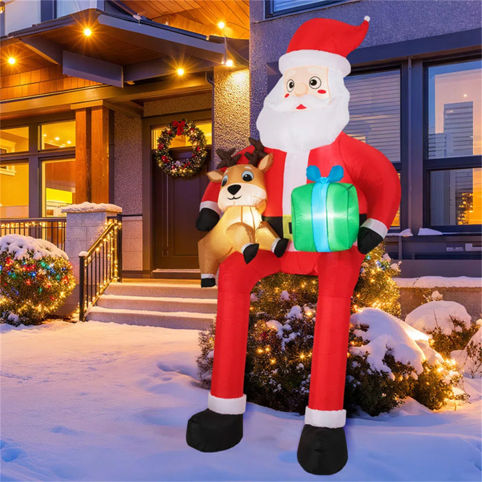 Heat Grove 9.5 Ft Inflatable Sitting Santa with Reindeer and Gift Box