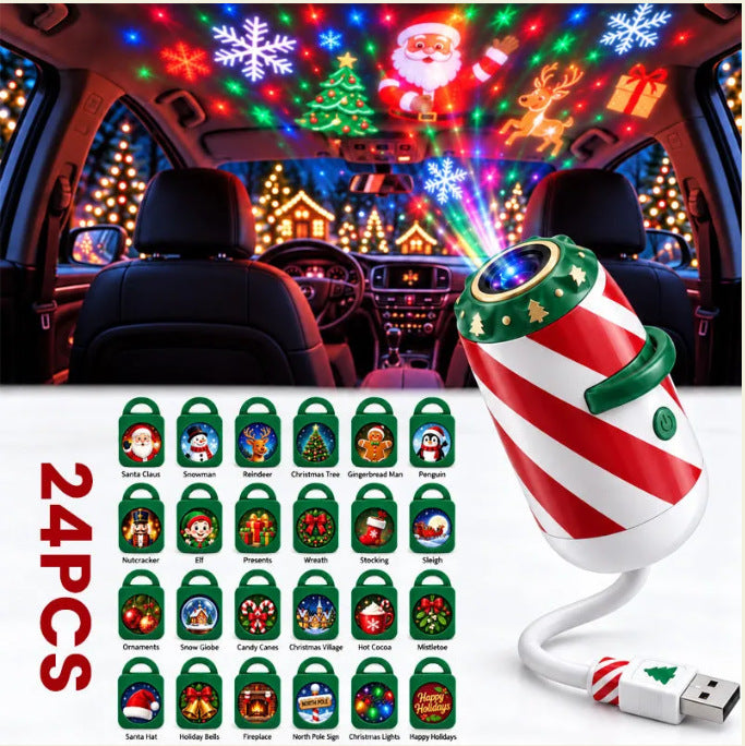 Striped gooseneck projector lighting a car ceiling with Christmas motifs