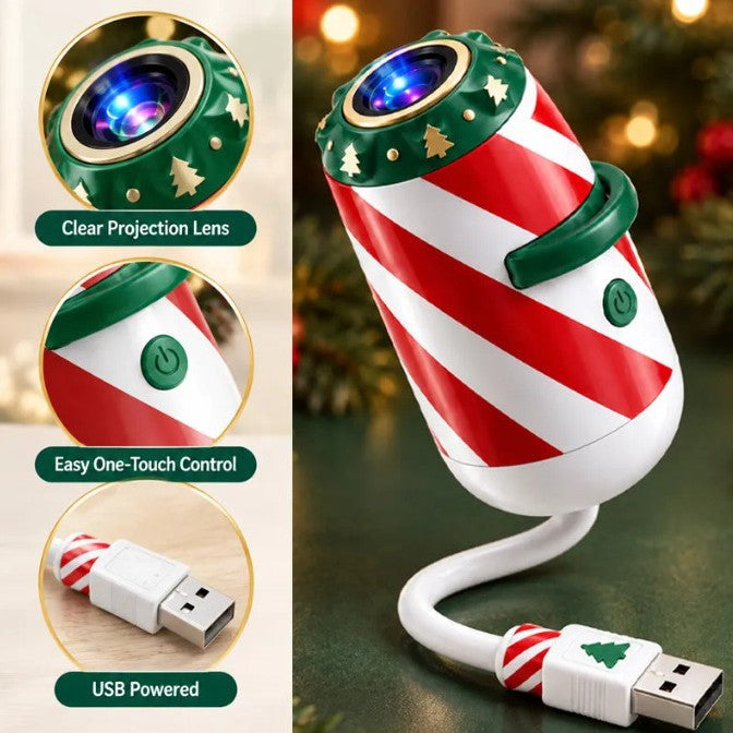 Striped gooseneck projector lighting a car ceiling with Christmas motifs