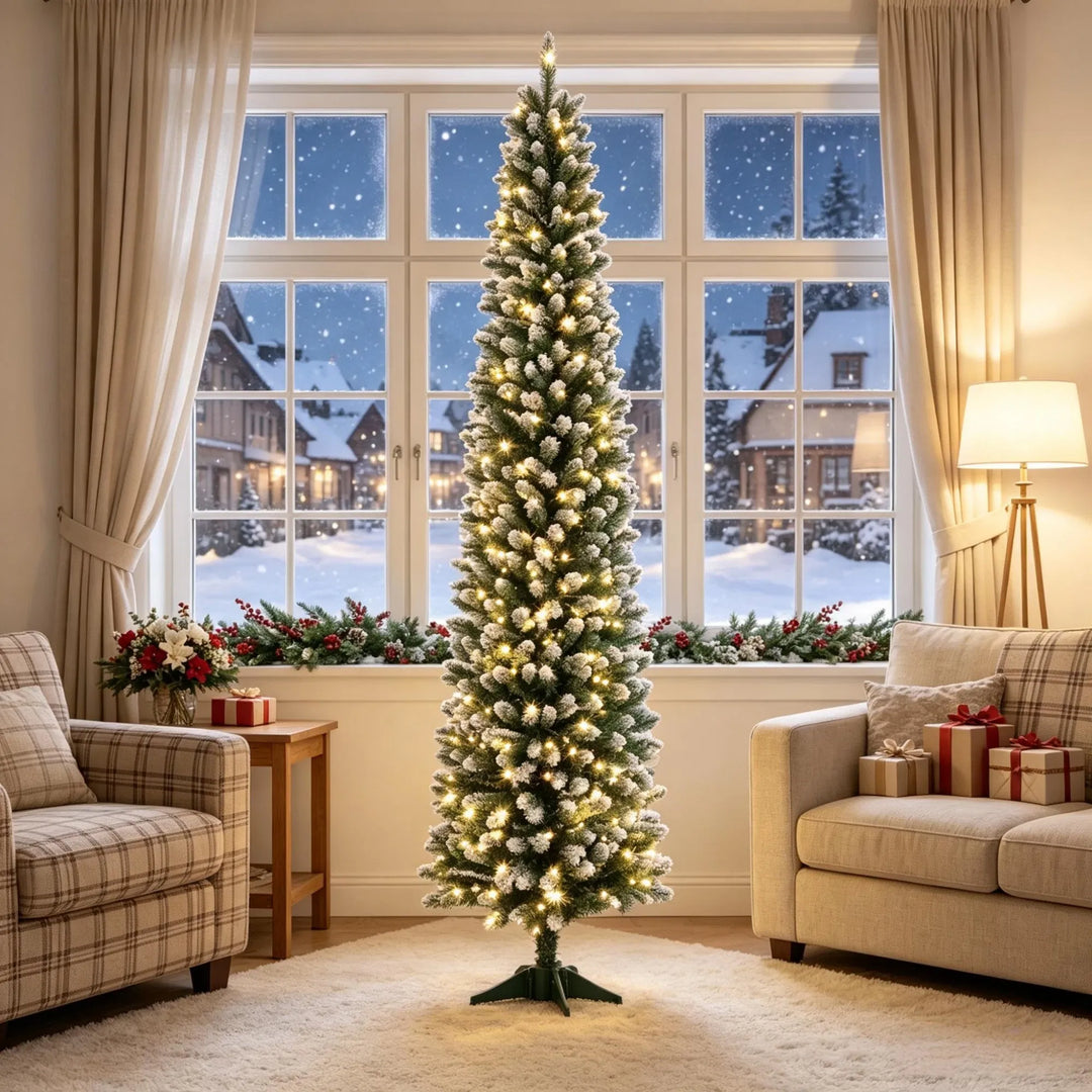 Slim frosted pre-lit pencil Christmas tree