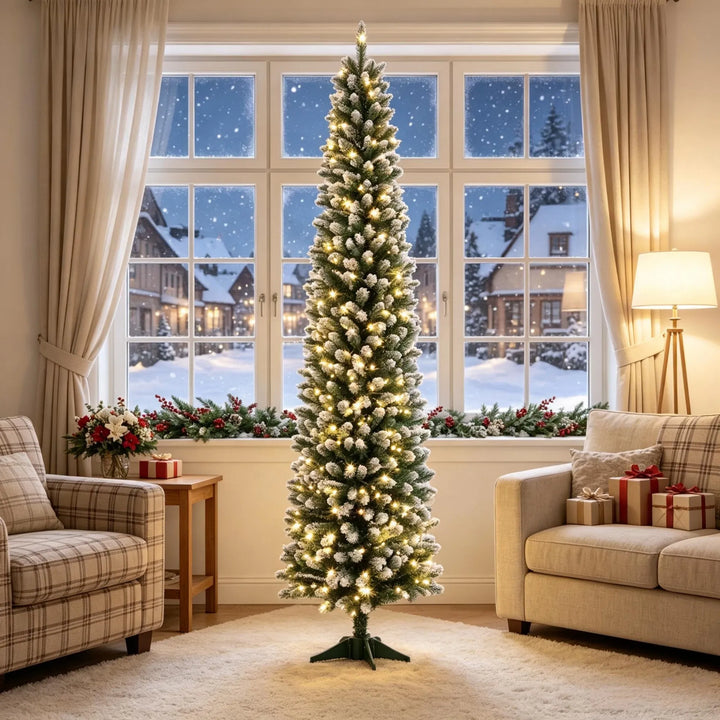 Slim frosted pre-lit pencil Christmas tree