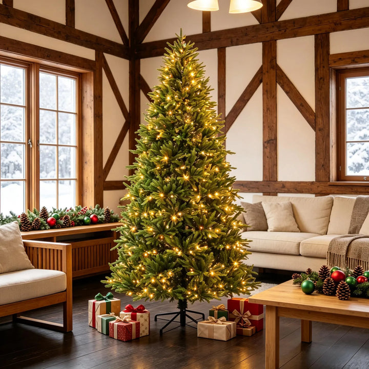 Full green pre-lit Christmas tree with lights