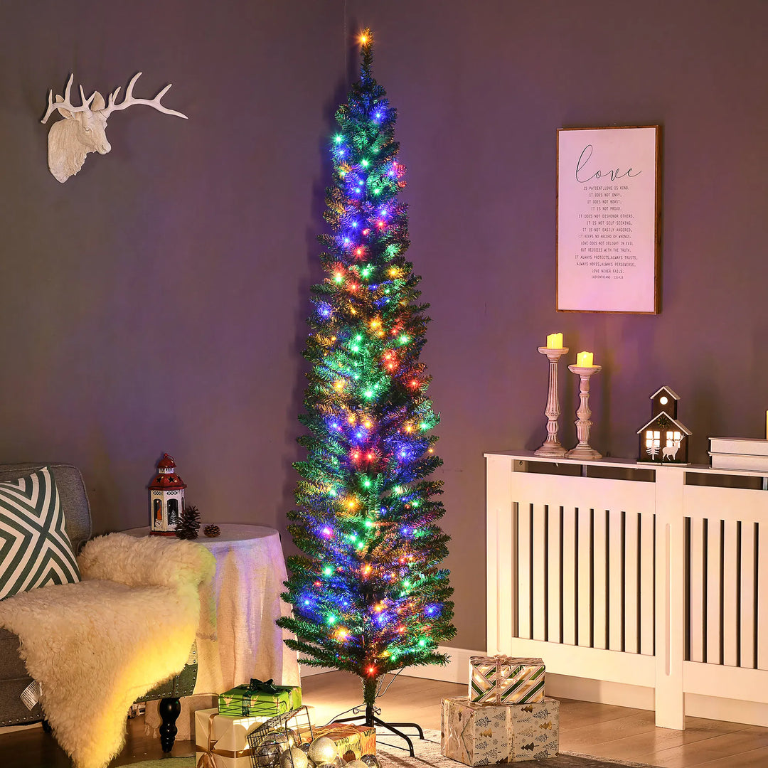 Slim green pencil tree with multicolor lights