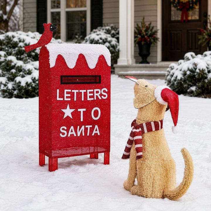 Lighted red mailbox and dog Christmas figures
