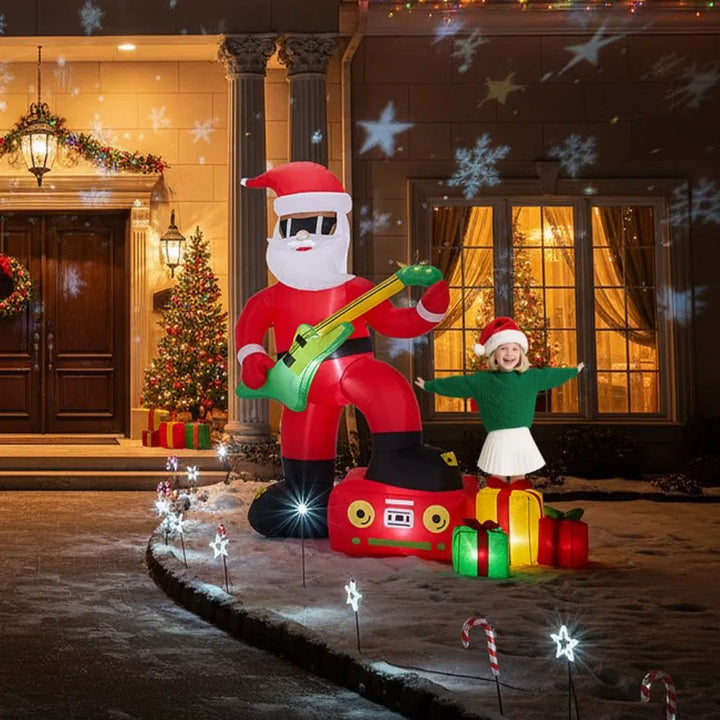 Inflatable Santa playing electric guitar