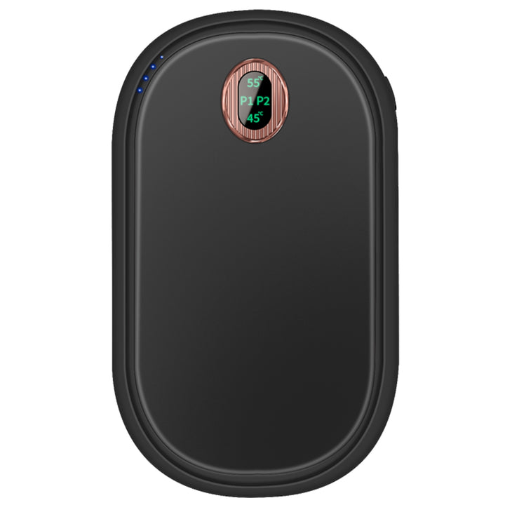 Pebble shaped hand warmer with display