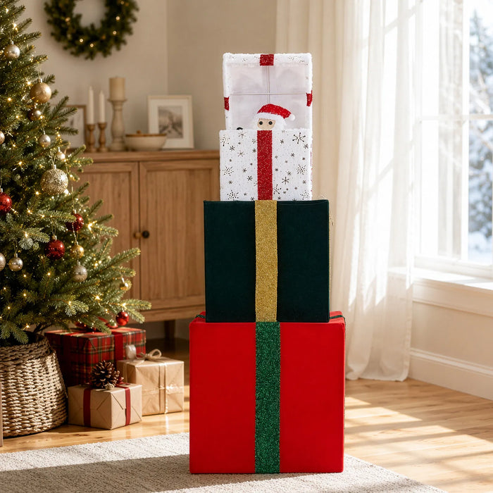 Heat Grove 4 ft Lighted Christmas Gift Box Stack with Moving Lids