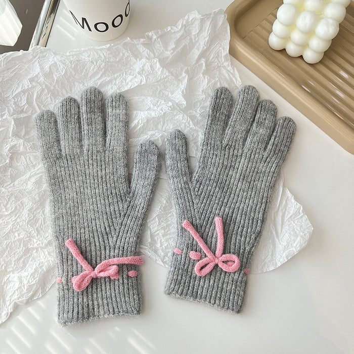 Heat Grove Ribbed Knit Touchscreen Gloves with Bow Detail