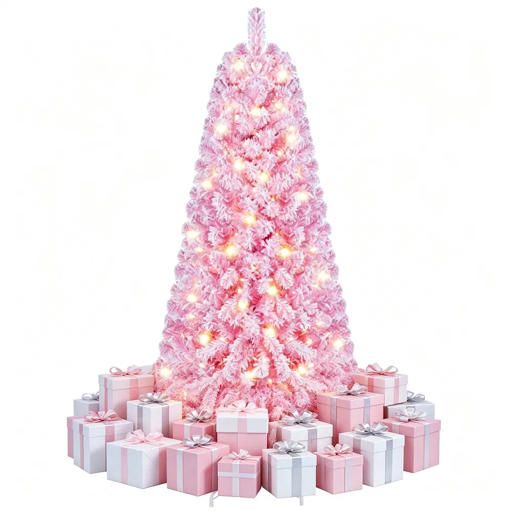 Small pink flocked pre-lit Christmas tree