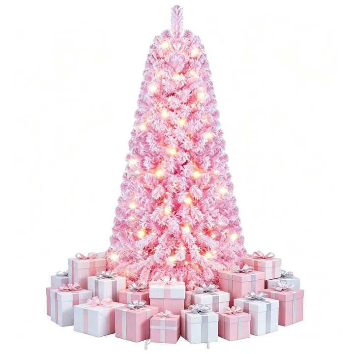Small pink flocked pre-lit Christmas tree