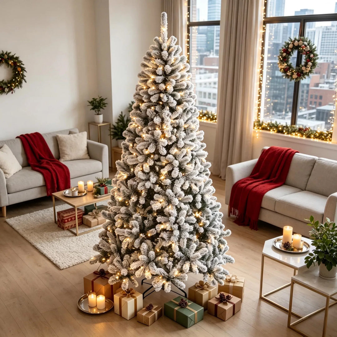 Flocked Northern pine Christmas tree lit warm