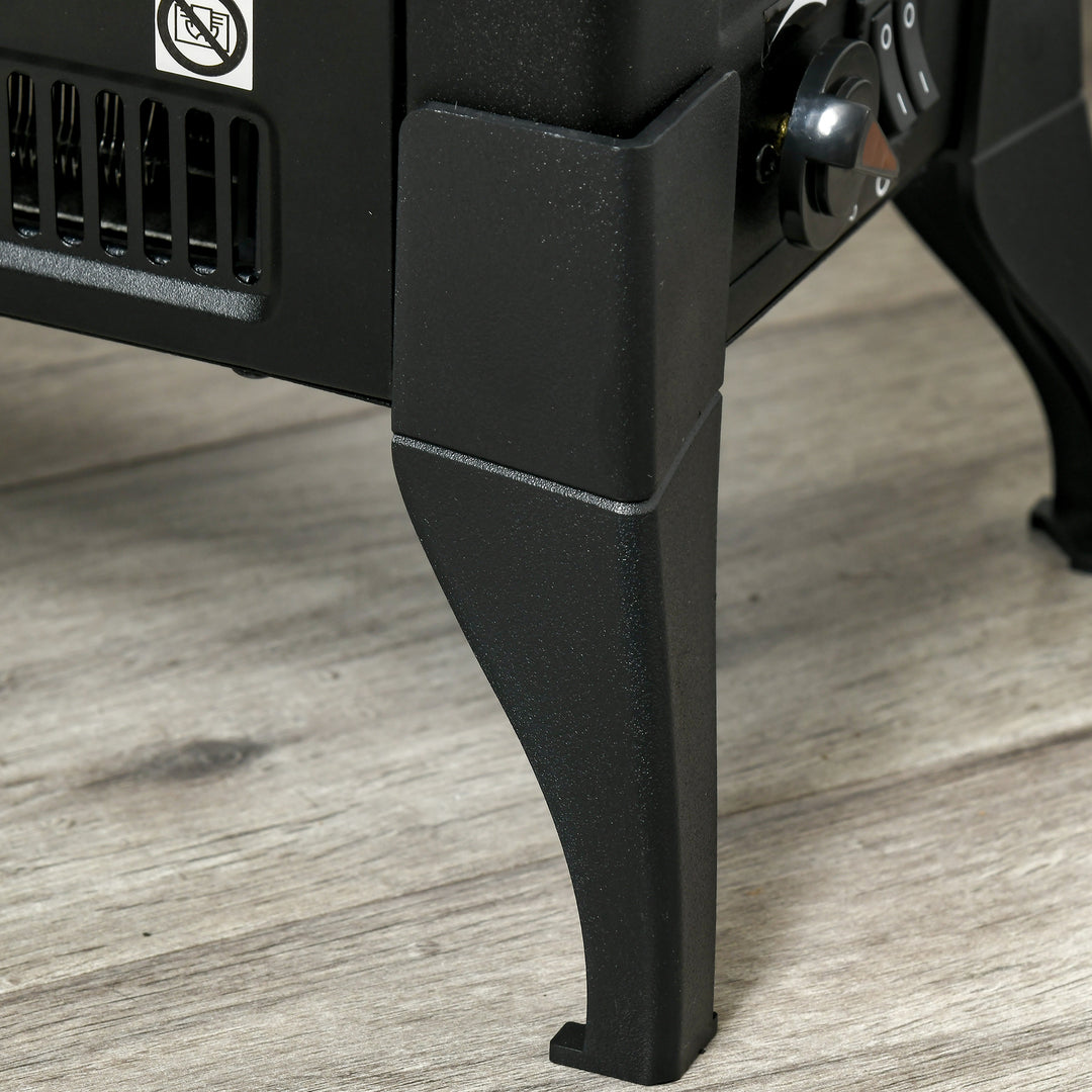 Black electric stove with open front and flames