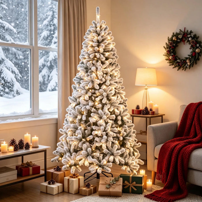 Heat Grove 7.5 ft Flocked Northern Pine Christmas Tree with 350 LEDs