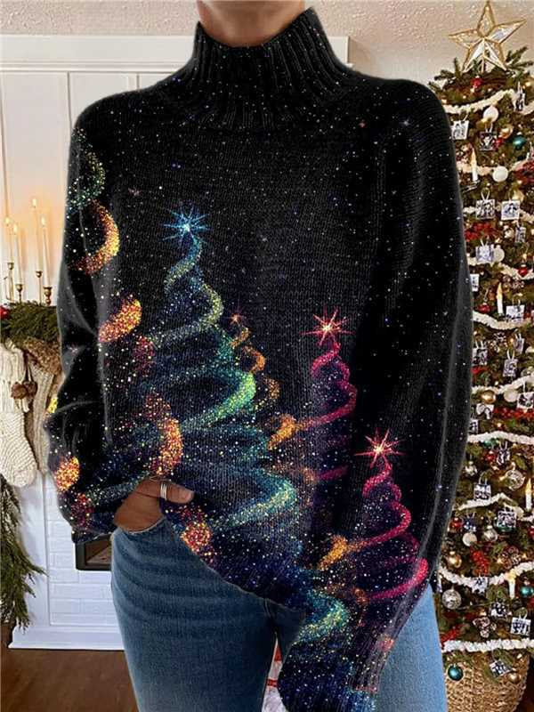 Woman in a floral printed turtleneck sweater