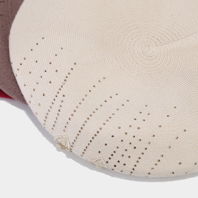 French knit beret with flower and rhinestones