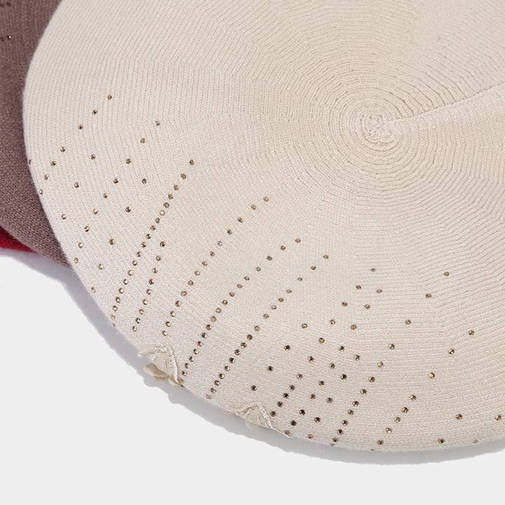 French knit beret with flower and rhinestones