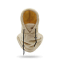 Woman wearing a plush hooded scarf