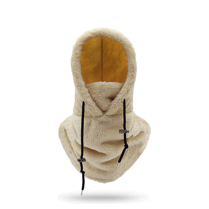 Woman wearing a plush hooded scarf