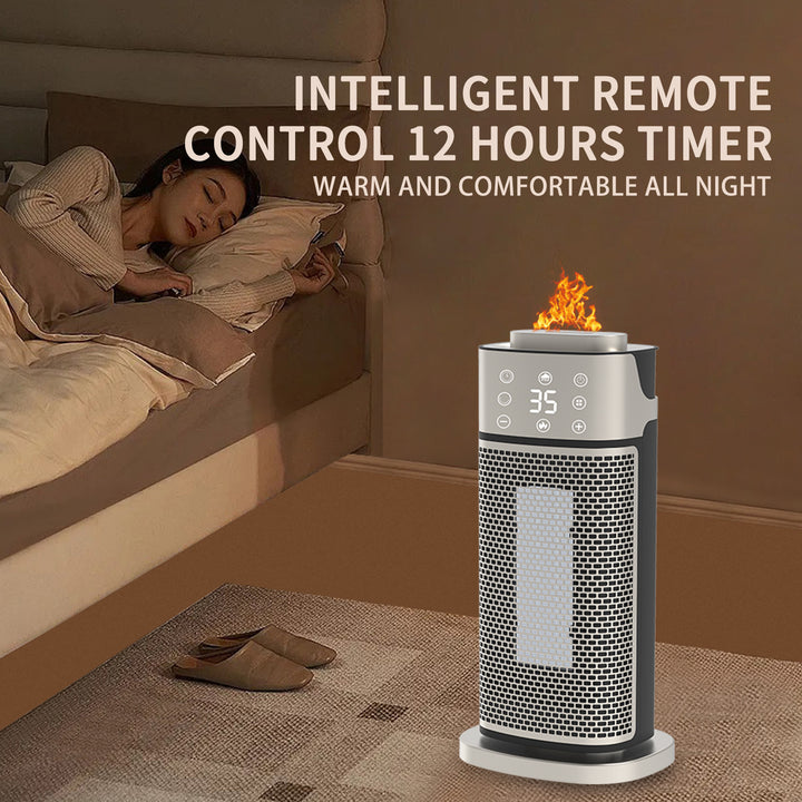 Silver tower fan heater with glowing flame-effect humidifier