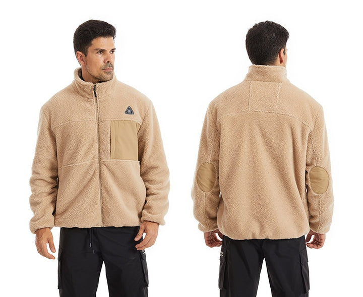 Man wearing heated sherpa fleece jacket