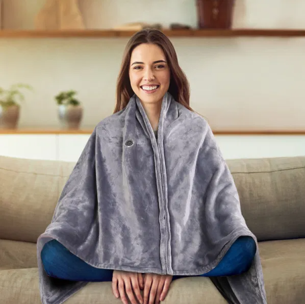 USB Heated Poncho Blanket with Zipper, 59 x 31 in, Gray