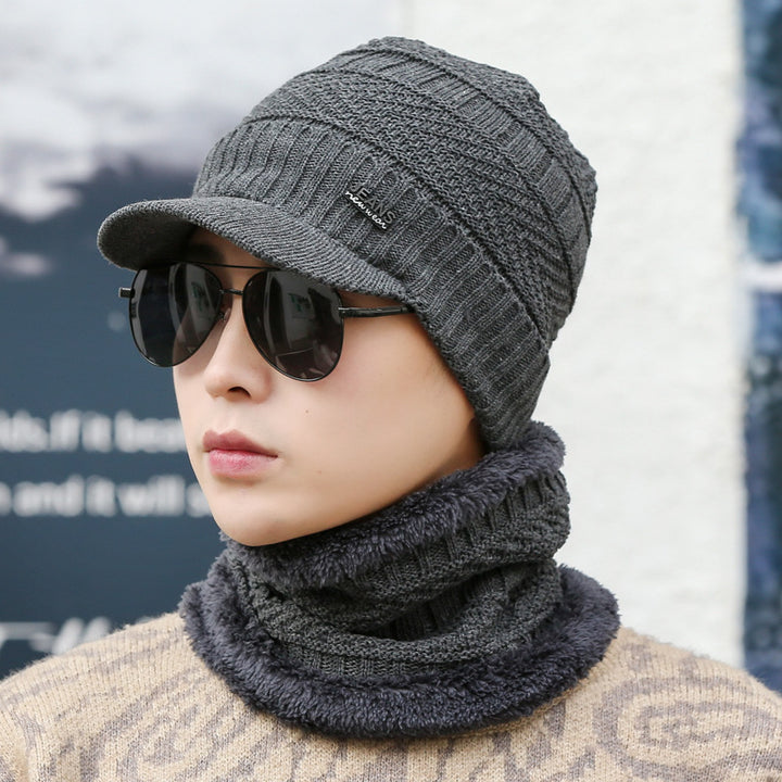 Gray peaked knit beanie with matching neck warmer