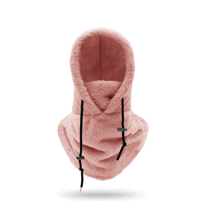 Woman wearing a plush hooded scarf