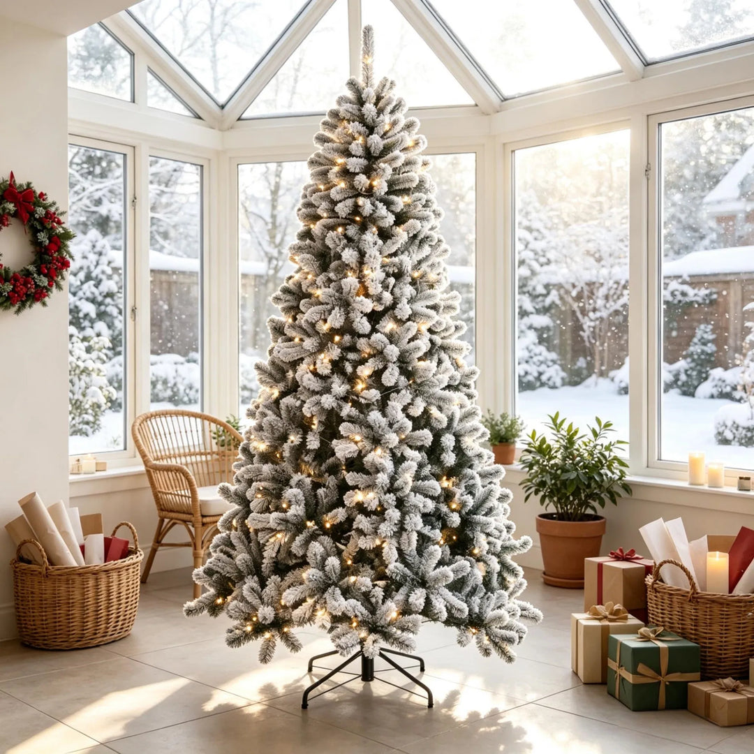 Flocked Northern pine Christmas tree lit warm