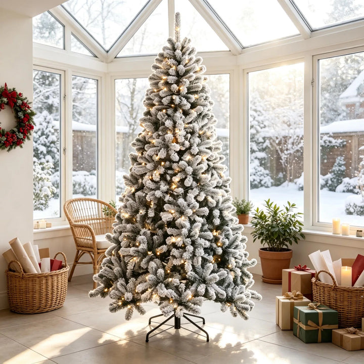 Flocked Northern pine Christmas tree lit warm