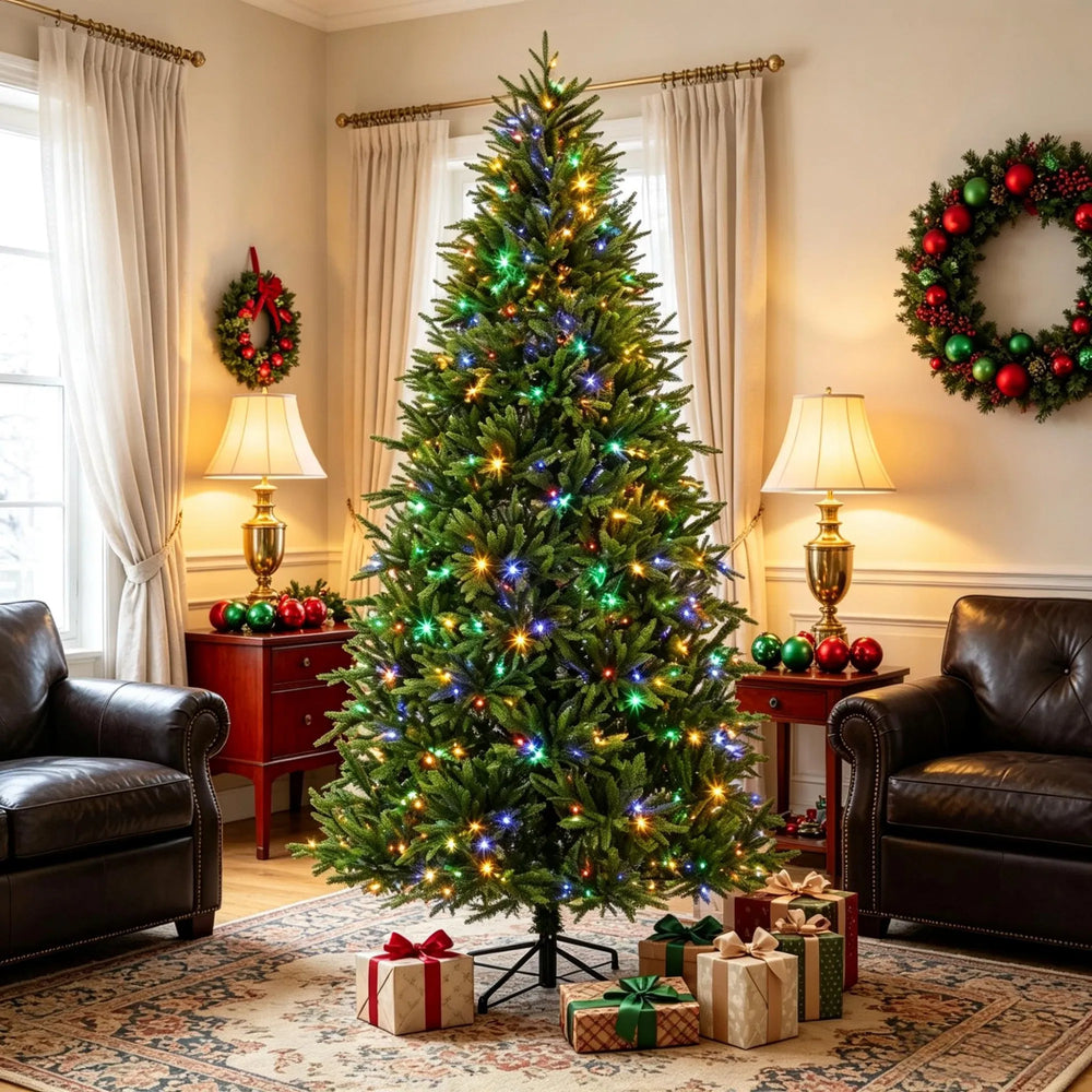 Full green pre-lit Christmas tree with lights