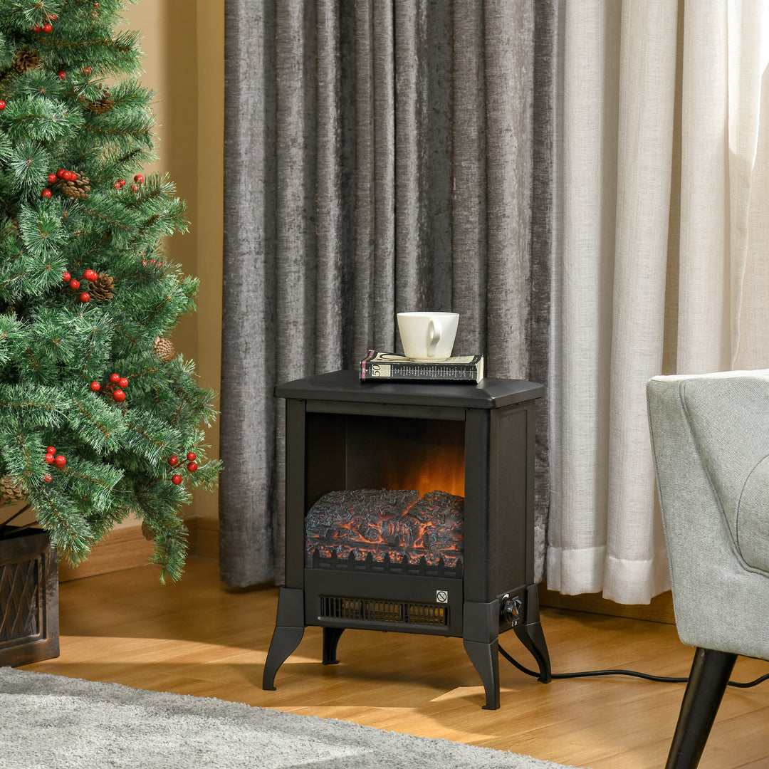 Black electric stove with open front and flames