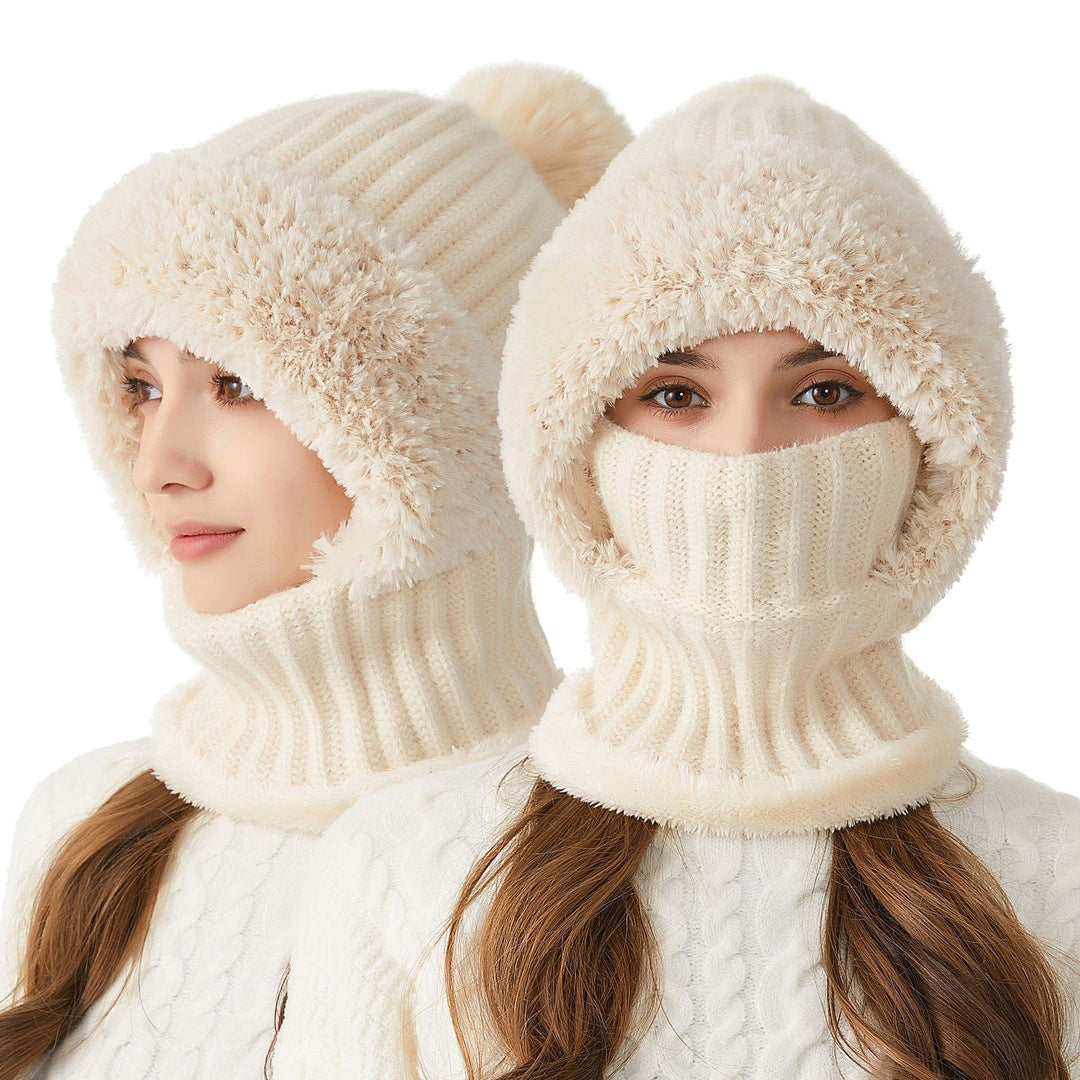 Woman wearing knit hood with scarf