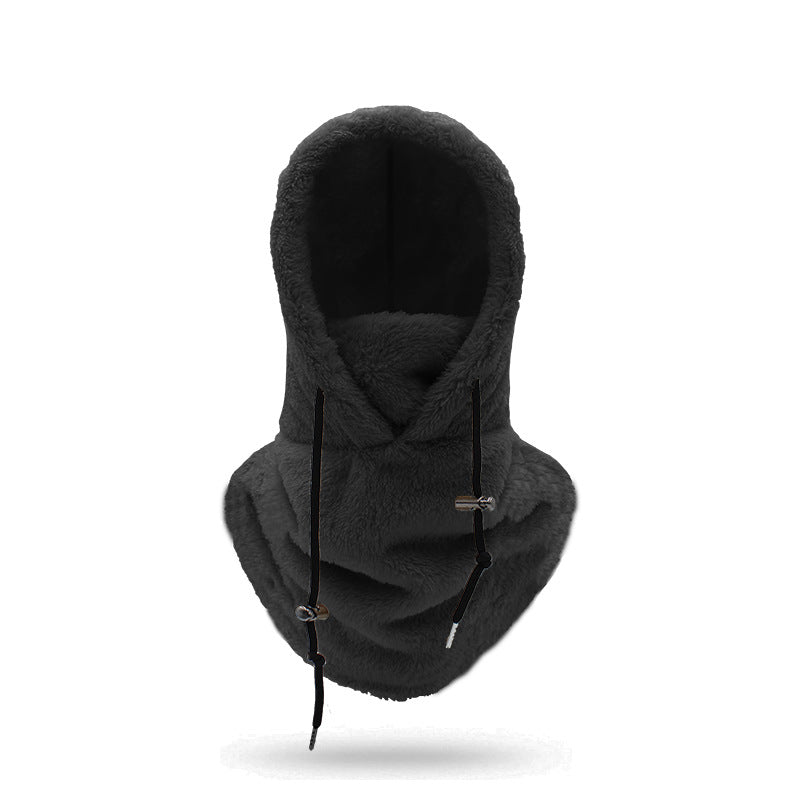 Woman wearing a plush hooded scarf
