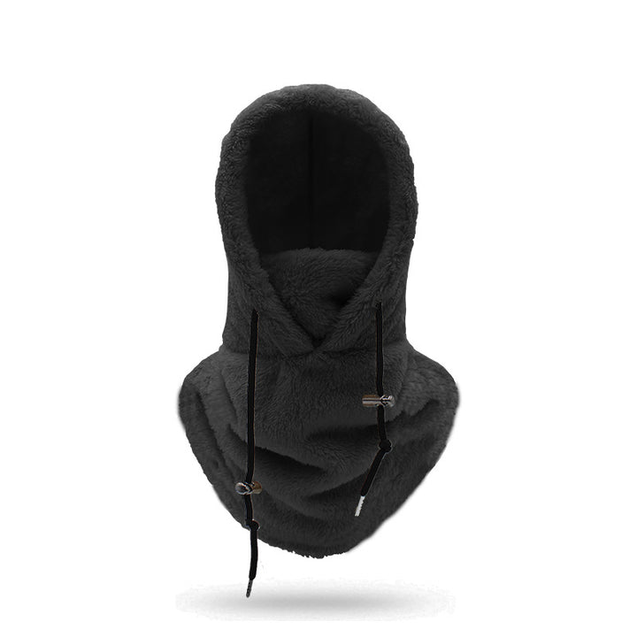 Woman wearing a plush hooded scarf