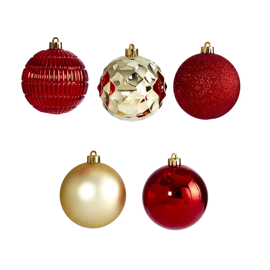 Red and gold shatterproof Christmas ball ornaments in a box